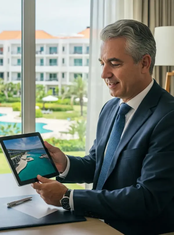 Público Alvo Drone Turismo Portugal Gestor de Hotelaria com Imagem Aérea em um Tablet, Drone Turismo Portugal - Imágenes Aéreas Drone Turismo