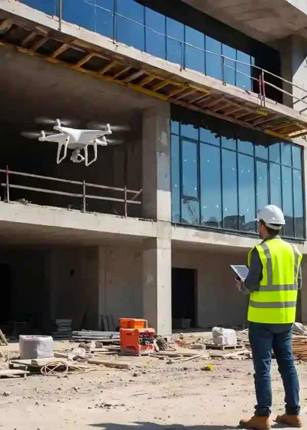 Operação profissional de drone na construção civil em Portugal. Pilotos qualificados realizam o acompanhamento de obras e vistorias técnicas, garantindo a captura de dados precisos com total segurança e conformidade regulamentar.