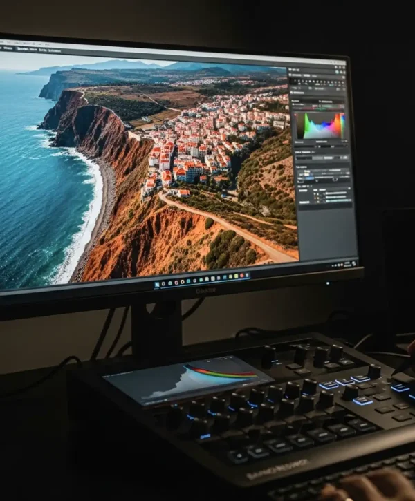Processo de Edição e Pós-Produção com foco em Color Grading profissional para vídeo e fotografia de paisagens e imobiliário.