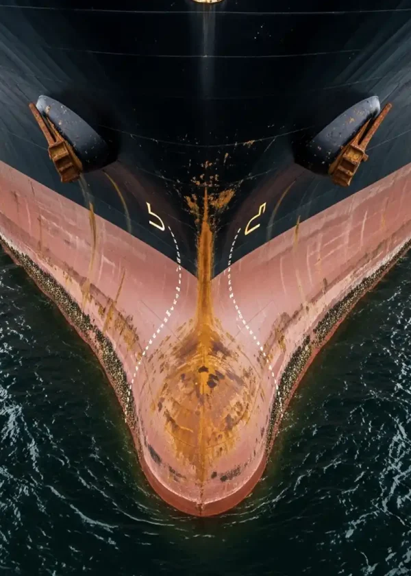 Inspeção de Cascos e Navios com drone da proa de navio para verificação de integridade estrutural e pintura.