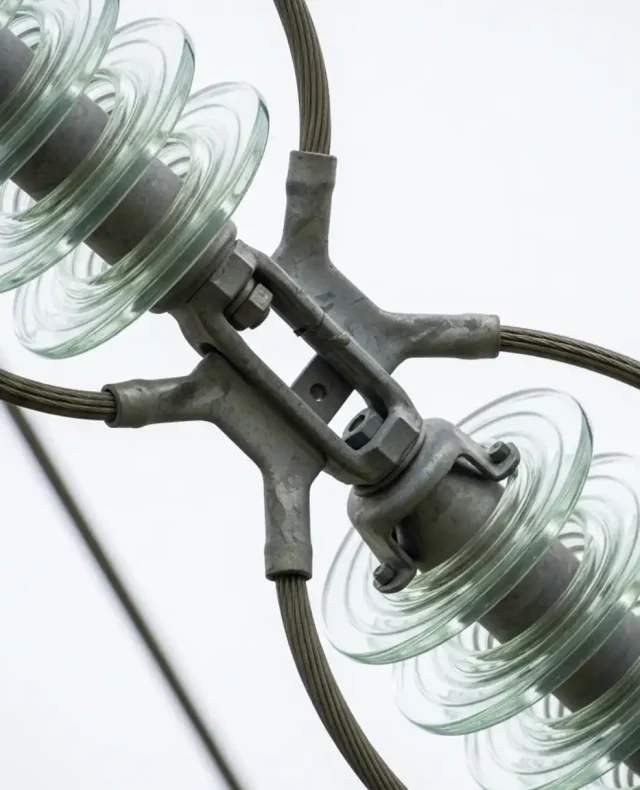 Detalhe técnico de isoladores captado durante uma Inspeção de Linhas de Alta Tensão com drones para avaliação de integridade estrutural e corrosão.
