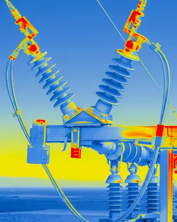 Inspeção de Linhas de Alta Tensão com análise termográfica para deteção de pontos quentes (hotspots) em componentes críticos da rede elétrica.
