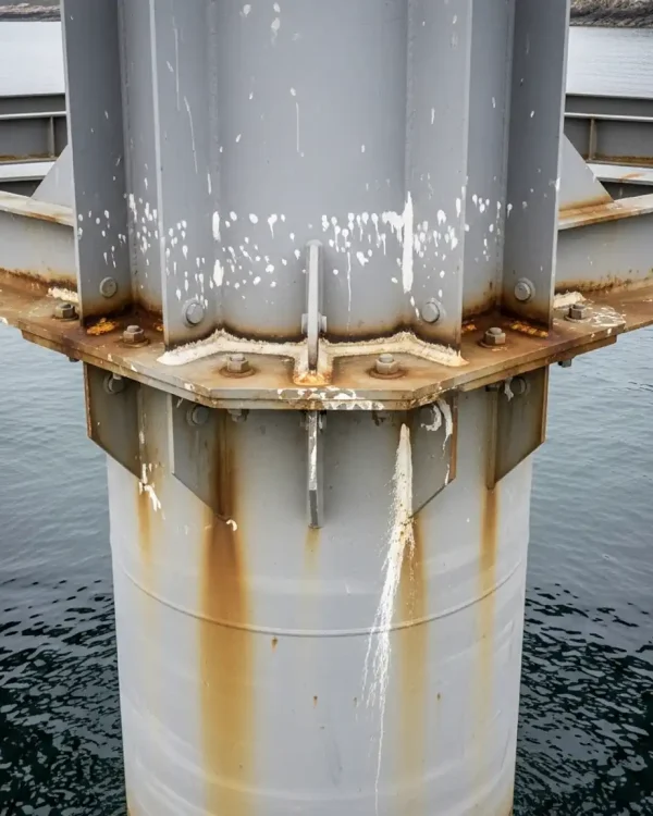 Deteção detalhada de corrosão e oxidação em pilar metálico de infraestrutura marítima, capturada por drone de alta precisão.