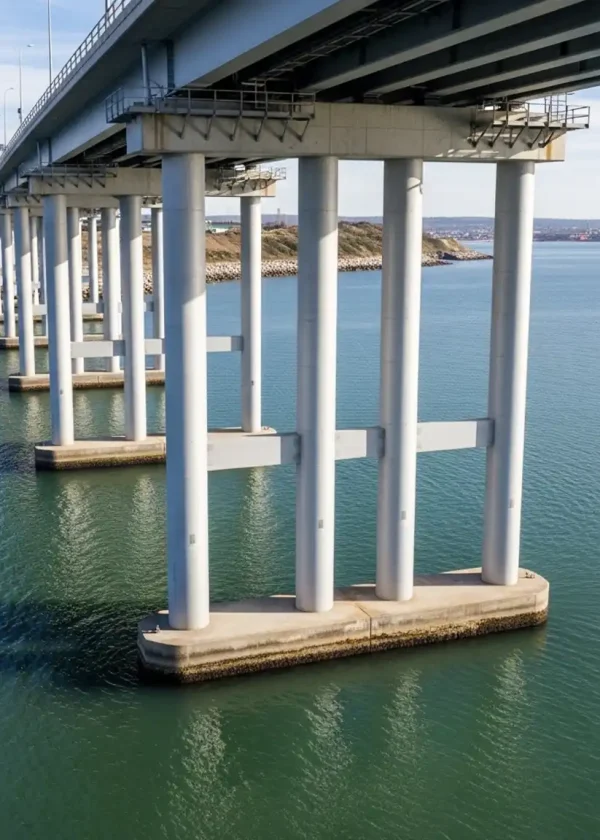 Inspeção de Pilares Estruturas Marítimas em Portugal, focada na deteção de corrosão e verificação de integridade de soldaduras.