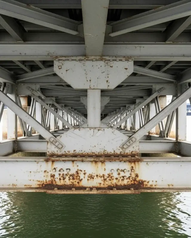 Inspeção de Pilares Estruturas Marítimas em Portugal, focada na deteção de corrosão e verificação de integridade de soldaduras.
