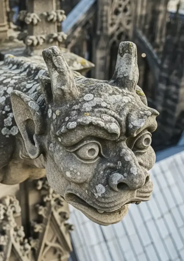 Inspeção de património histórico com drones em elementos ornamentais e gárgulas.