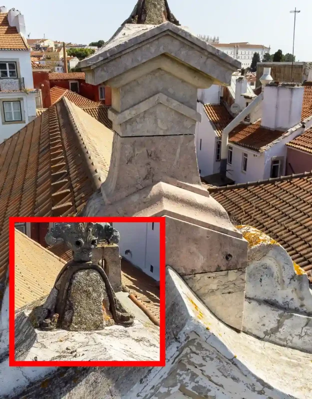 Vista panorâmica aérea de edifício histórico em Lisboa, sujeita a inspeção técnica com drone para diagnóstico de conservação e restauro.