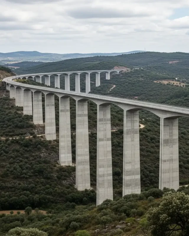 Inspeção de pontes e viadutos: Vista panorâmica de infraestrutura de betão armado de grande dimensão para monitorização estrutural.