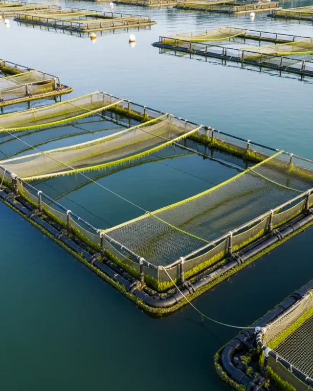 Vista aérea zenital de cardume em jaula de aquacultura monitorizado por drone para análise de biomassa