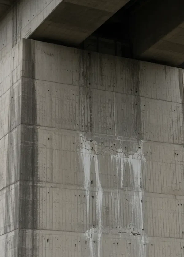 Relatório de inspeção de pontes e viadutos: Detalhe de pilar de betão com lixiviação e fissuração estrutural para diagnóstico de engenharia.