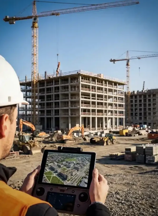 Serviços Profissionais com Drones em Portugal: engenheiro utiliza controlador inteligente para mapeamento 3D e acompanhamento de obra de construção civil em tempo real.